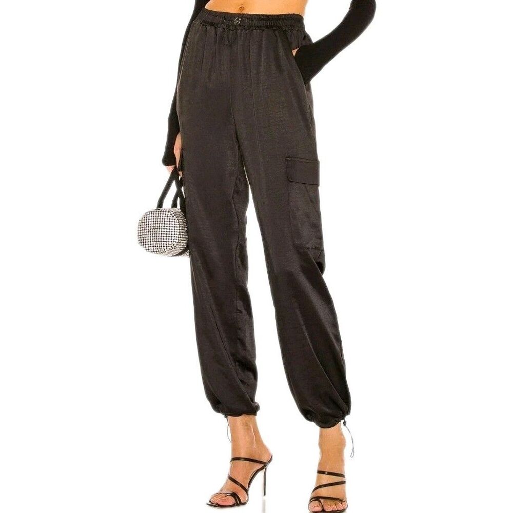 Superdown Rita Cargo Pants XS Black Satin Jogger Track Pants Pull On Revolve